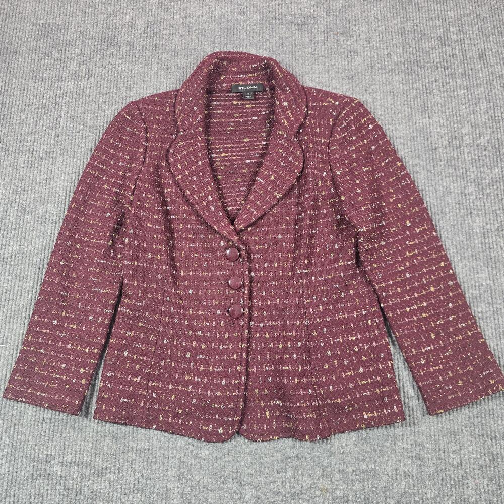 St. John Blazer Womens 12 Maroon Purple Tweed Striped Collared Single-Breasted